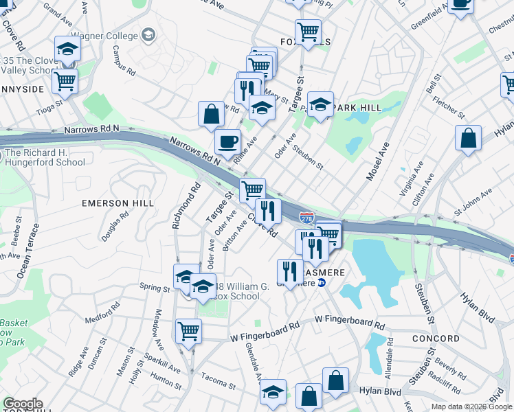 map of restaurants, bars, coffee shops, grocery stores, and more near Britton Avenue in Staten Island