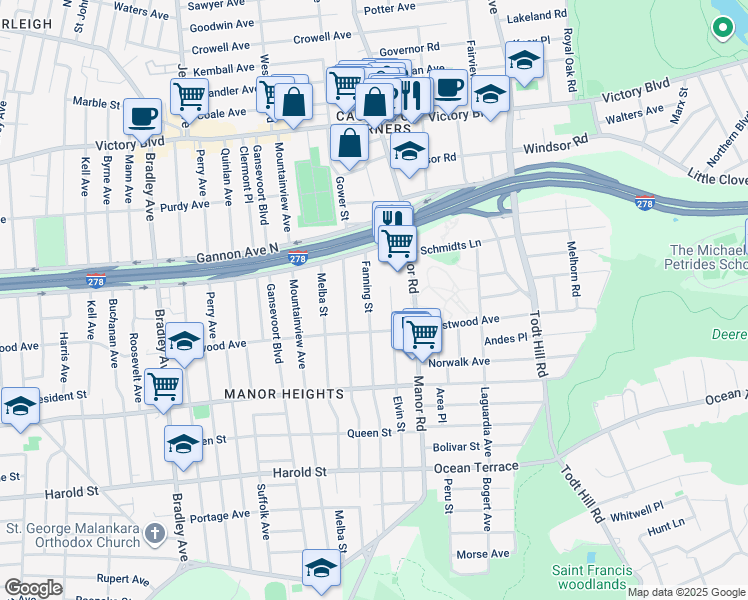 map of restaurants, bars, coffee shops, grocery stores, and more near 155 Fanning Street in Staten Island