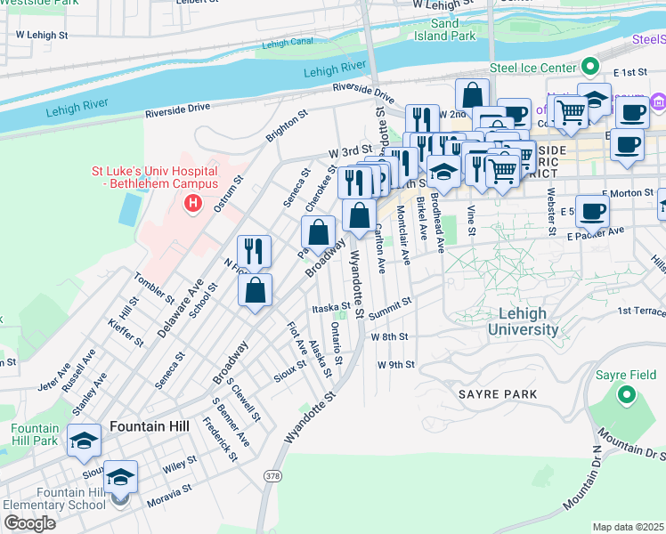 map of restaurants, bars, coffee shops, grocery stores, and more near 513 Ontario Street in Bethlehem