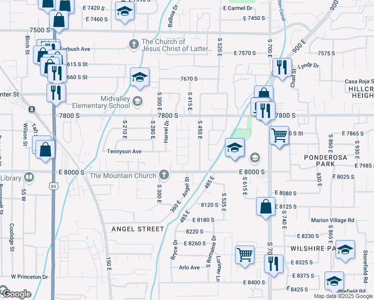 map of restaurants, bars, coffee shops, grocery stores, and more near 7887 Farm Wood Lane in Midvale