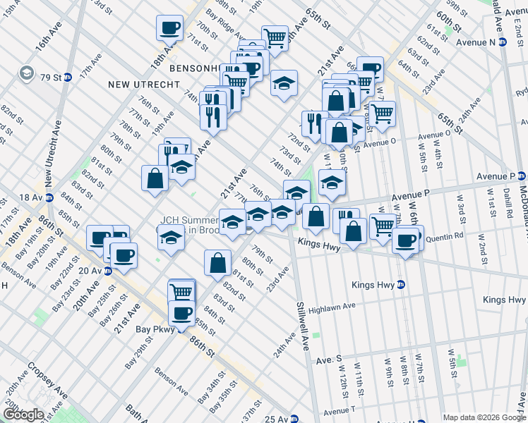 map of restaurants, bars, coffee shops, grocery stores, and more near 2150 76th Street in Brooklyn