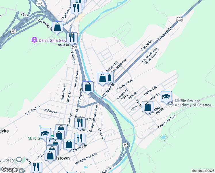 map of restaurants, bars, coffee shops, grocery stores, and more near 409 East Walnut Street in Lewistown