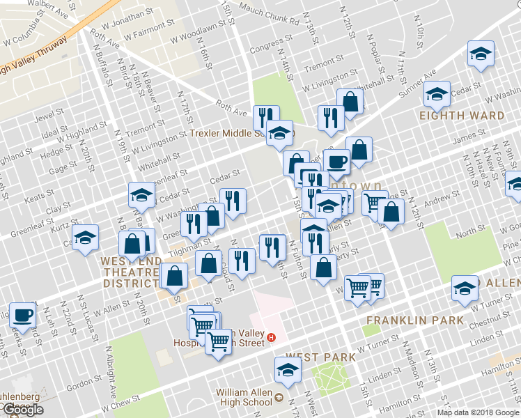 map of restaurants, bars, coffee shops, grocery stores, and more near 707 North 16th Street in Allentown