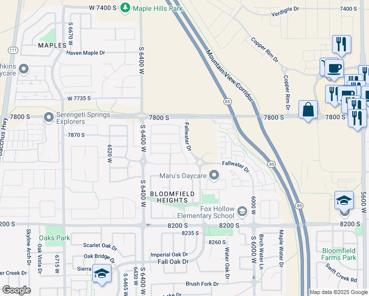 map of restaurants, bars, coffee shops, grocery stores, and more near 7882 Fallwater Drive in West Jordan
