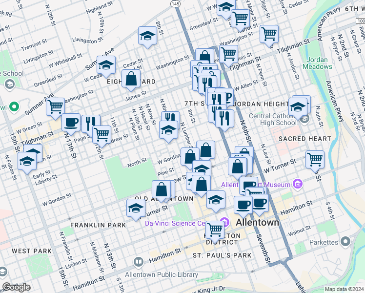 map of restaurants, bars, coffee shops, grocery stores, and more near in Allentown