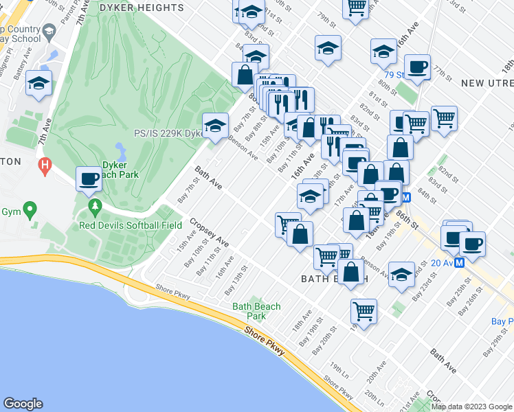 map of restaurants, bars, coffee shops, grocery stores, and more near 155 Bay 11th Street in Brooklyn