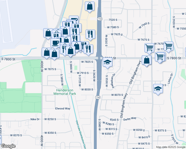 map of restaurants, bars, coffee shops, grocery stores, and more near 3631 West 7910 South in West Jordan