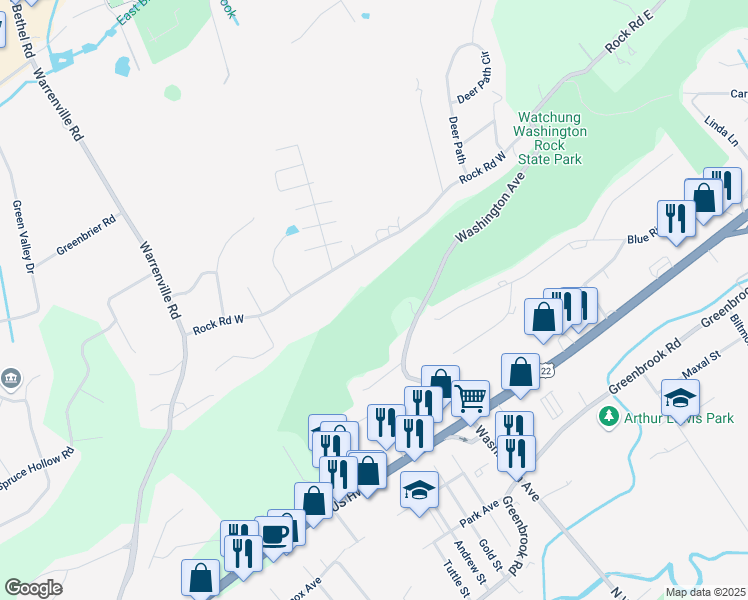 map of restaurants, bars, coffee shops, grocery stores, and more near 112 Rock Road West in Green Brook Township