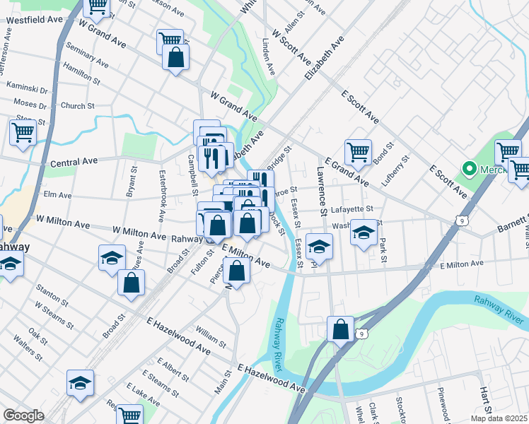 map of restaurants, bars, coffee shops, grocery stores, and more near 1555 Main Street in Rahway