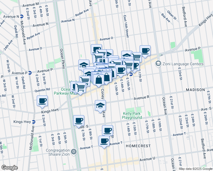 map of restaurants, bars, coffee shops, grocery stores, and more near 1007 Quentin Road in Brooklyn