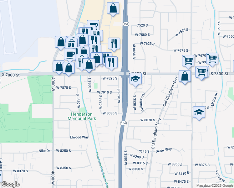map of restaurants, bars, coffee shops, grocery stores, and more near 3631 West 7910 South in West Jordan