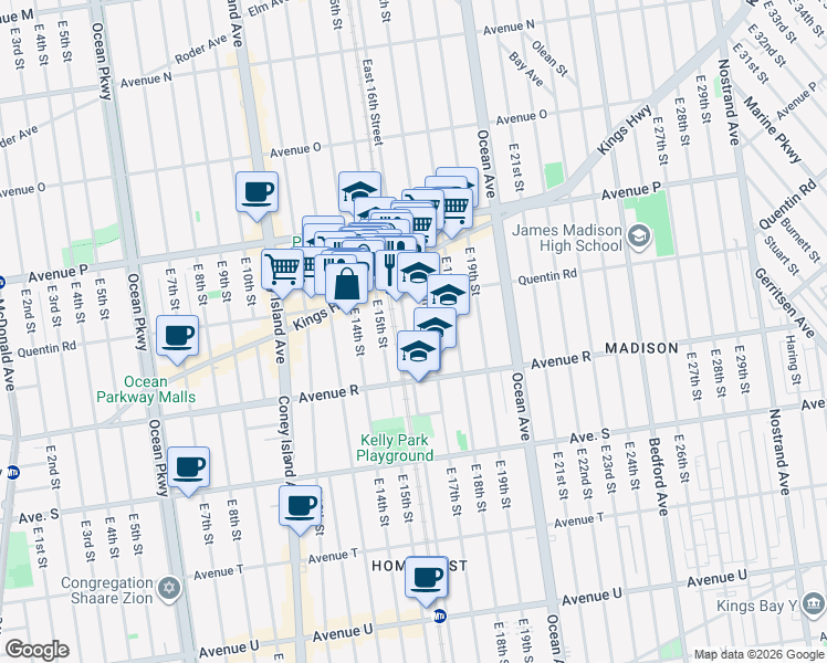 map of restaurants, bars, coffee shops, grocery stores, and more near 1712A East 16th Street in Brooklyn