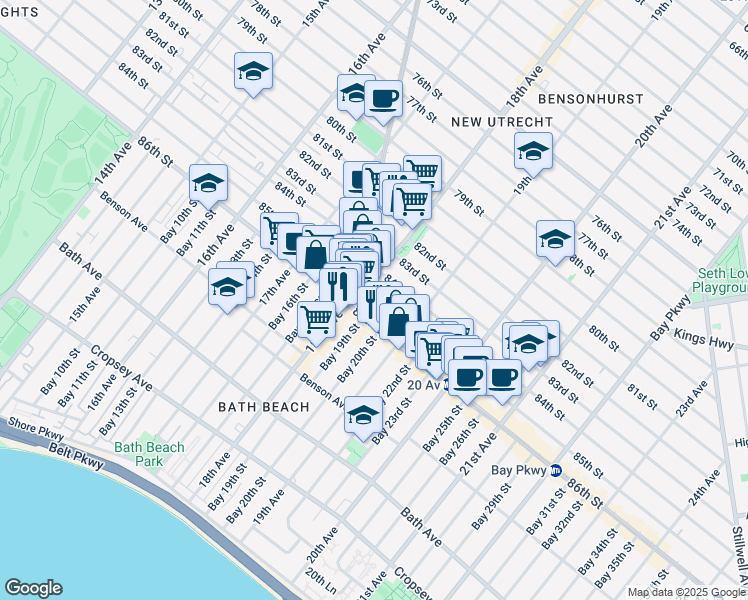 map of restaurants, bars, coffee shops, grocery stores, and more near 1828 84th Street in Brooklyn