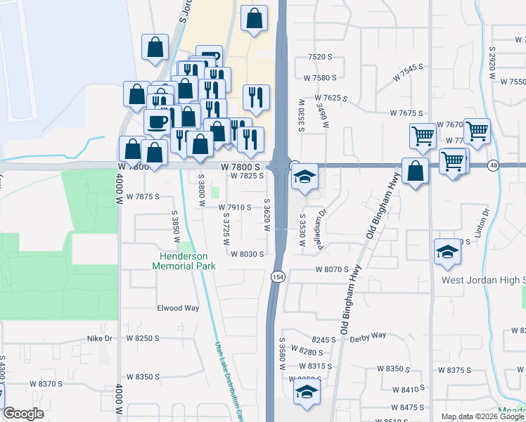 map of restaurants, bars, coffee shops, grocery stores, and more near 3635 West 7865 South in West Jordan