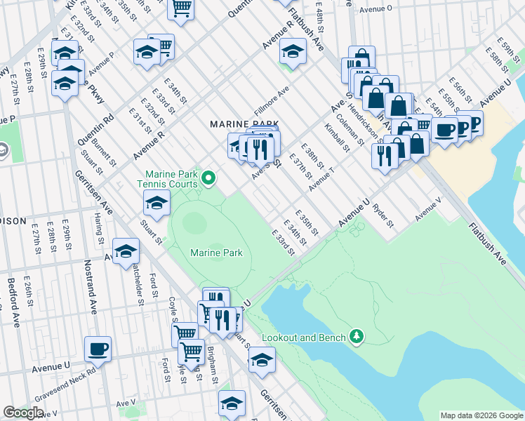 map of restaurants, bars, coffee shops, grocery stores, and more near 2040 East 34th Street in Brooklyn
