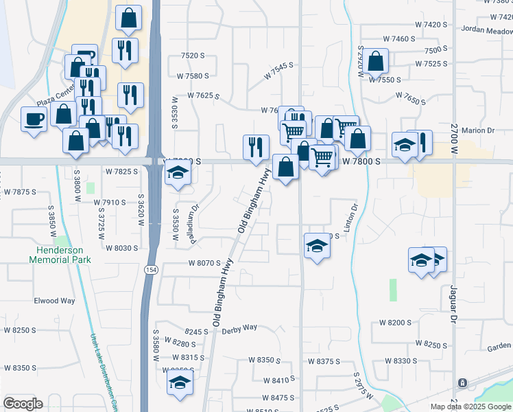 map of restaurants, bars, coffee shops, grocery stores, and more near 7905 W Old Bingham Highway in West Jordan