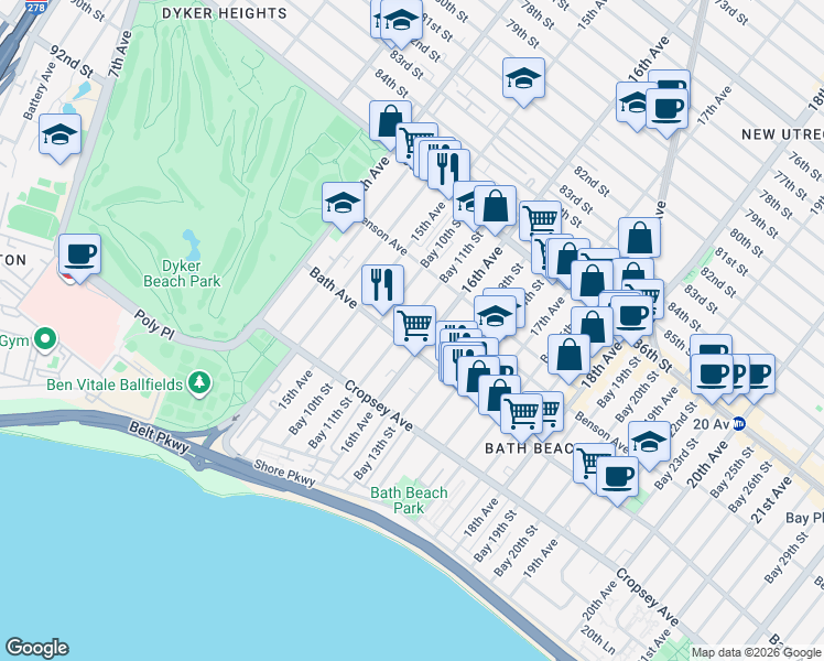 map of restaurants, bars, coffee shops, grocery stores, and more near 153 Bay 11th Street in Brooklyn