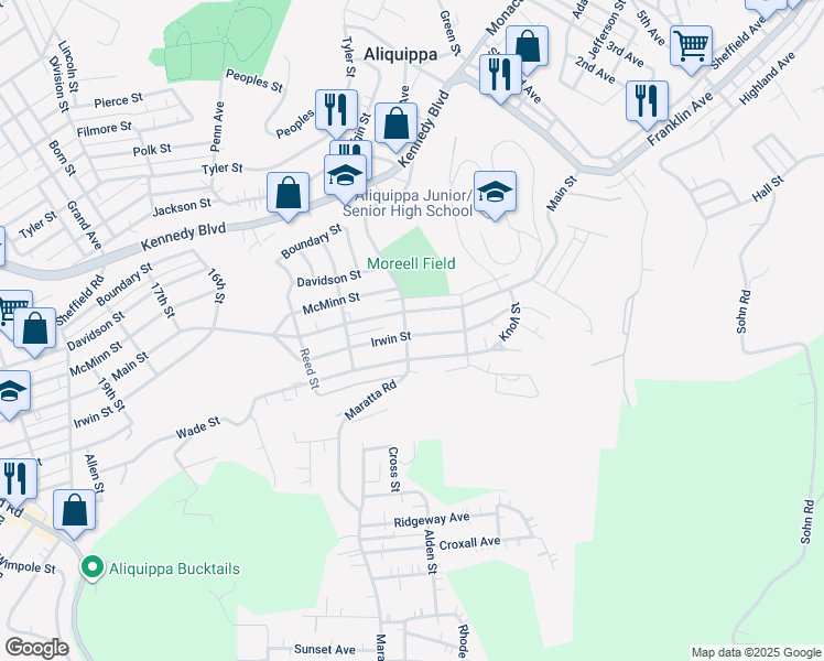 map of restaurants, bars, coffee shops, grocery stores, and more near 1132 Main Street in Aliquippa