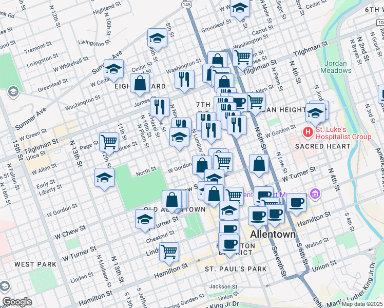 map of restaurants, bars, coffee shops, grocery stores, and more near in Allentown