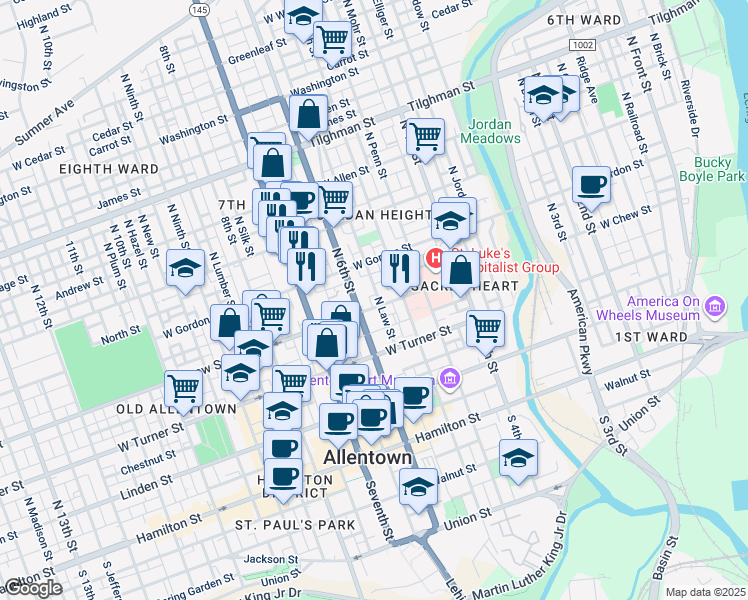 map of restaurants, bars, coffee shops, grocery stores, and more near 323 North Law Street in Allentown