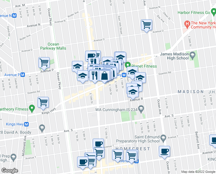 map of restaurants, bars, coffee shops, grocery stores, and more near 1209 Quentin Road in Brooklyn