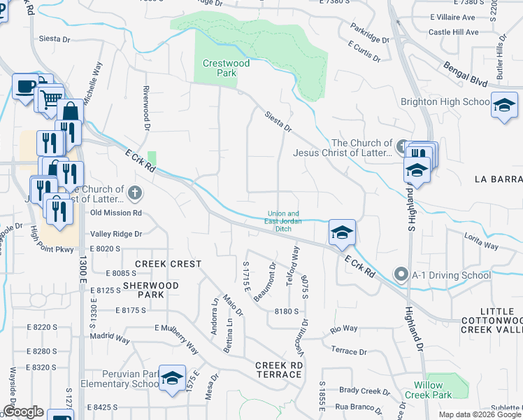 map of restaurants, bars, coffee shops, grocery stores, and more near 7894 Caballero Drive in Sandy