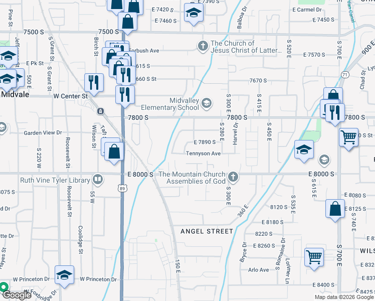 map of restaurants, bars, coffee shops, grocery stores, and more near 7899 South Brady Lane in Sandy