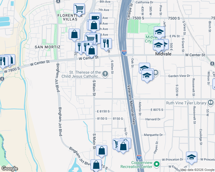 map of restaurants, bars, coffee shops, grocery stores, and more near 653 Lennox Street in Midvale