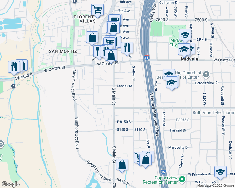 map of restaurants, bars, coffee shops, grocery stores, and more near 7882 Main Street in Midvale