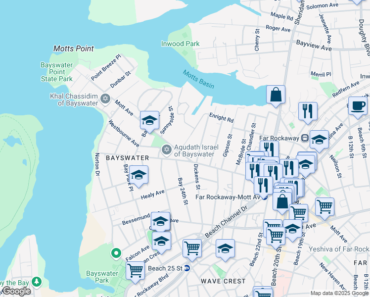 map of restaurants, bars, coffee shops, grocery stores, and more near 24-06 Mott Avenue in Queens
