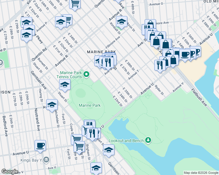 map of restaurants, bars, coffee shops, grocery stores, and more near 2040 East 34th Street in Brooklyn