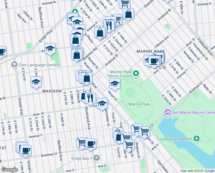map of restaurants, bars, coffee shops, grocery stores, and more near 1866 Burnett Street in Brooklyn