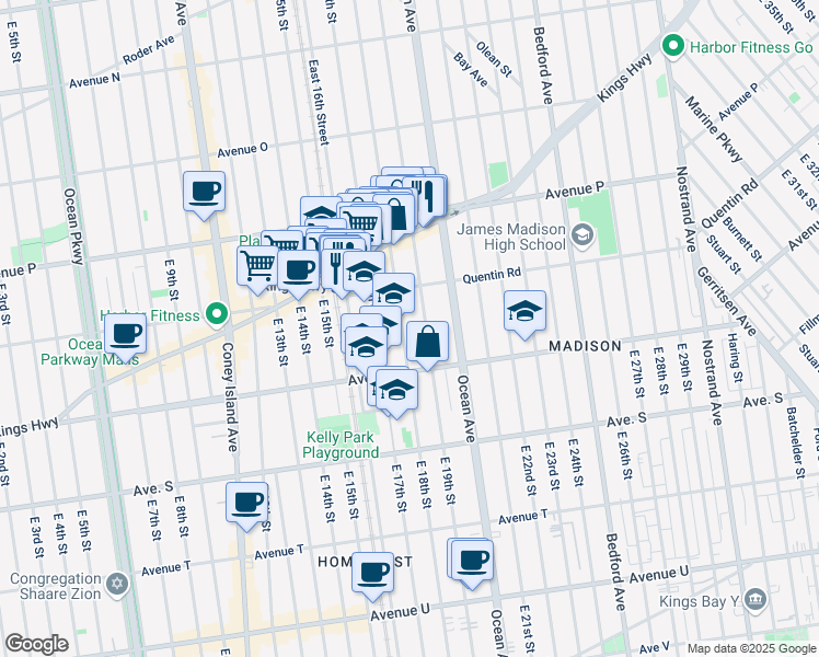 map of restaurants, bars, coffee shops, grocery stores, and more near 1728 East 19th Street in Brooklyn