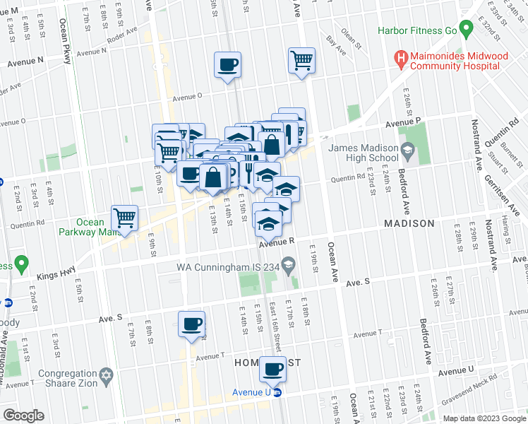 map of restaurants, bars, coffee shops, grocery stores, and more near 1712A East 16th Street in Brooklyn