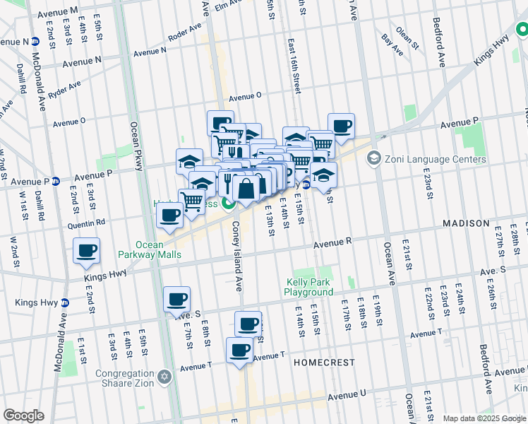 map of restaurants, bars, coffee shops, grocery stores, and more near 1209 Quentin Road in Brooklyn