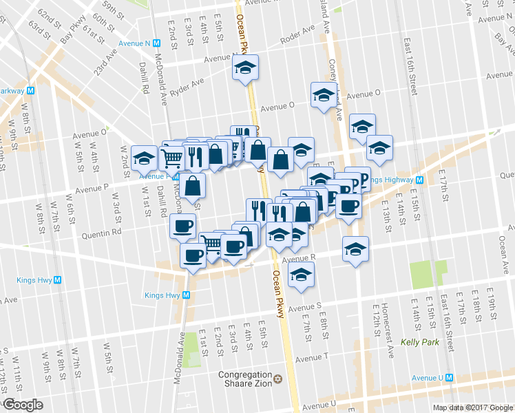 map of restaurants, bars, coffee shops, grocery stores, and more near 1664 Ocean Parkway in Brooklyn