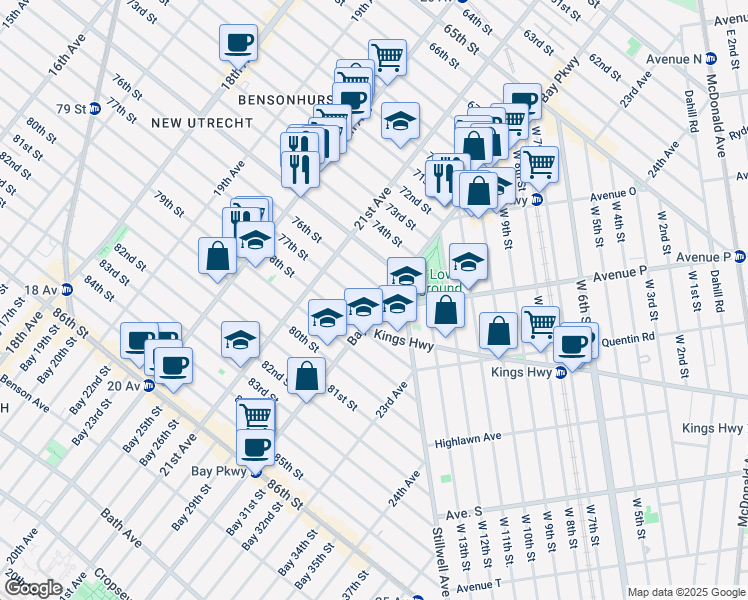 map of restaurants, bars, coffee shops, grocery stores, and more near 2150 76th Street in Brooklyn