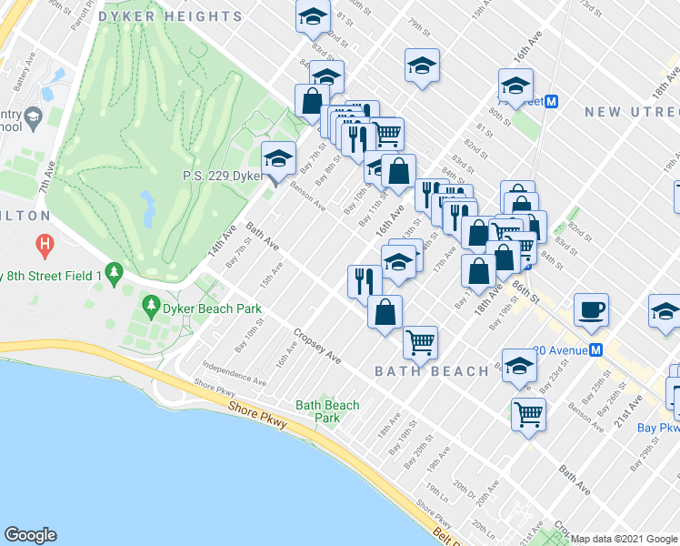 map of restaurants, bars, coffee shops, grocery stores, and more near 8712 16th Avenue in Brooklyn