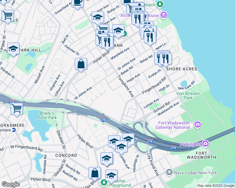 map of restaurants, bars, coffee shops, grocery stores, and more near 43 Beethoven Street in Staten Island