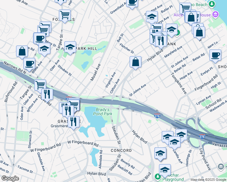 map of restaurants, bars, coffee shops, grocery stores, and more near 62 Donley Avenue in Staten Island