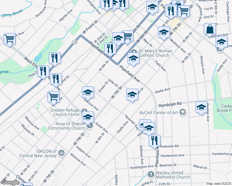 map of restaurants, bars, coffee shops, grocery stores, and more near 614 John Street in Plainfield