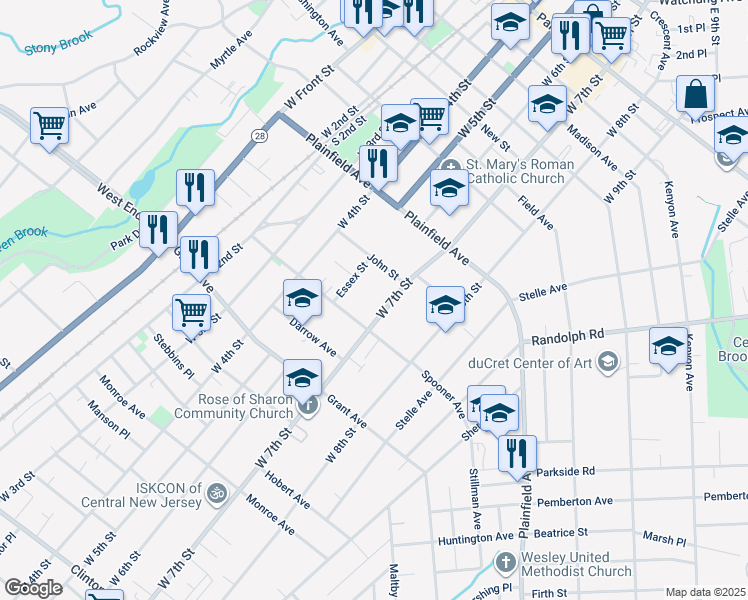 map of restaurants, bars, coffee shops, grocery stores, and more near 614 John Street in Plainfield