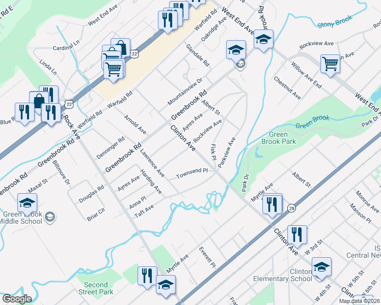 map of restaurants, bars, coffee shops, grocery stores, and more near 184 Clinton Avenue in North Plainfield