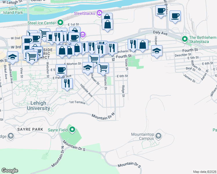 map of restaurants, bars, coffee shops, grocery stores, and more near 620 Atlantic Street in Bethlehem