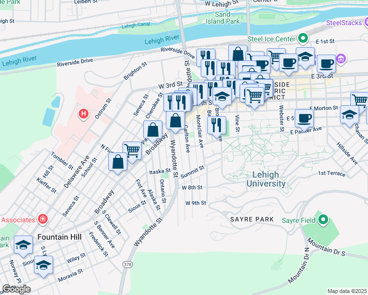 map of restaurants, bars, coffee shops, grocery stores, and more near 462 Carlton Avenue in Bethlehem