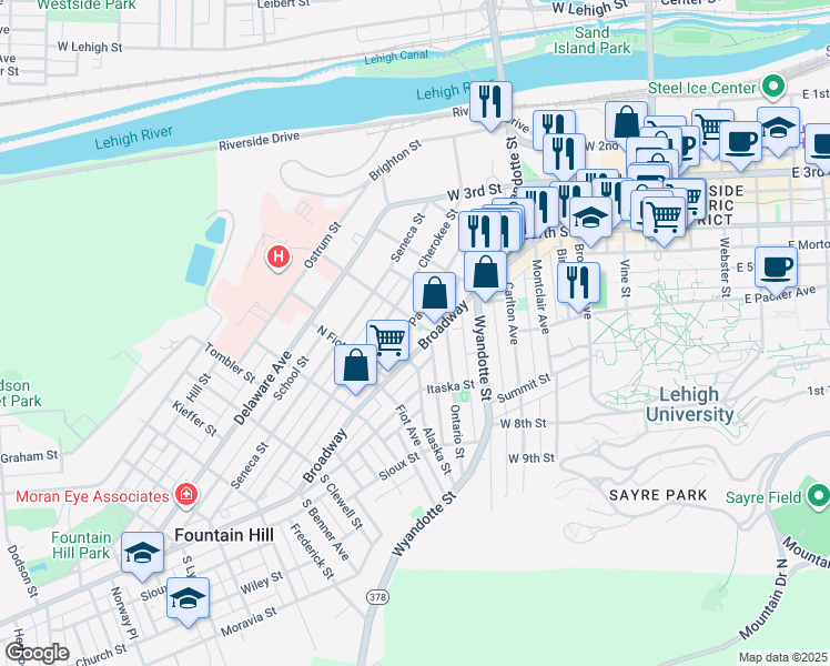 map of restaurants, bars, coffee shops, grocery stores, and more near 701 Cherokee Street in Bethlehem
