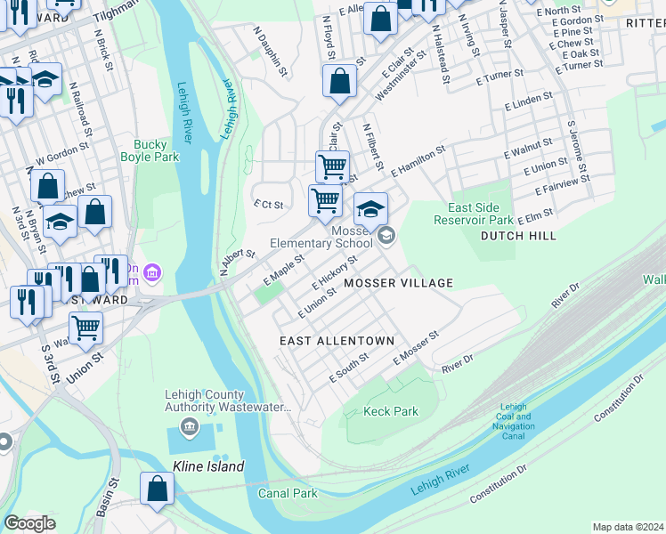 map of restaurants, bars, coffee shops, grocery stores, and more near 266 East Maple Street in Allentown