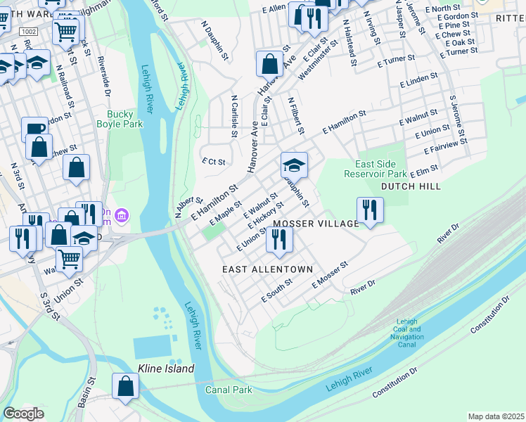map of restaurants, bars, coffee shops, grocery stores, and more near 266 East Maple Street in Allentown