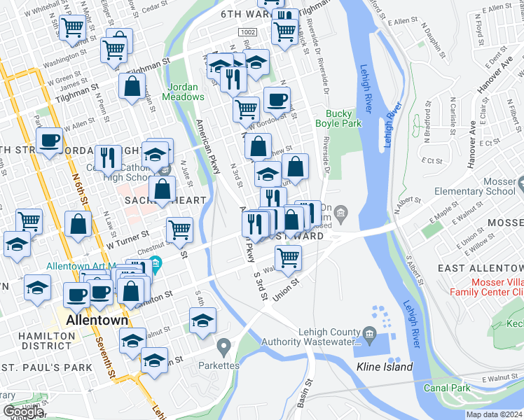 map of restaurants, bars, coffee shops, grocery stores, and more near 224 West Turner Street in Allentown