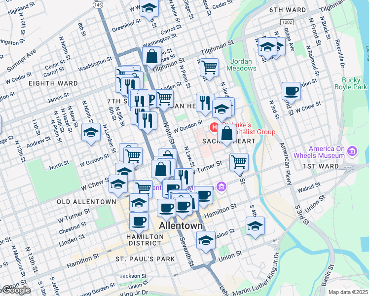 map of restaurants, bars, coffee shops, grocery stores, and more near 323 North Law Street in Allentown